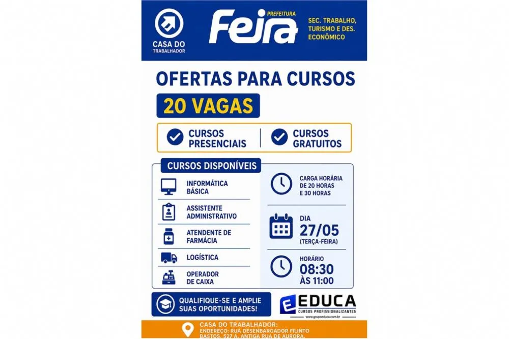 Casa do Trabalhador oferta vagas gratuitas para cursos profissionalizantes